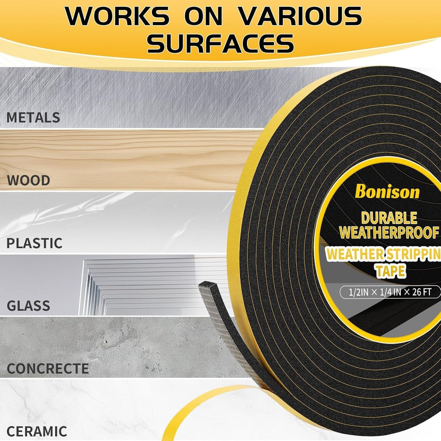 26Ft Weather Stripping Door Seal - 1/2" x 1/4" Door Seal Strip for Door Frame, High Density Foam Insulation Tape, Self Adhesive, Soundproof Gap Filler for Doors, Windows, Sliding & AC Units, White