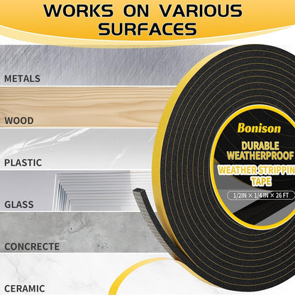 26Ft Weather Stripping Door Seal - 1/2" x 1/4" Door Seal Strip for Door Frame, High Density Foam Insulation Tape, Self Adhesive, Soundproof Gap Filler for Doors, Windows, Sliding & AC Units, White