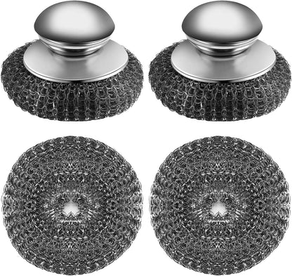 4-Pack Replaceable Steel Wool Scrubber with 2 Handles & 2 Brush Heads, Powerful Stainless Steel Cleaner for Pots, Pans, Grill, Stove Top - Remove Burnt Grease & Stubborn Grime