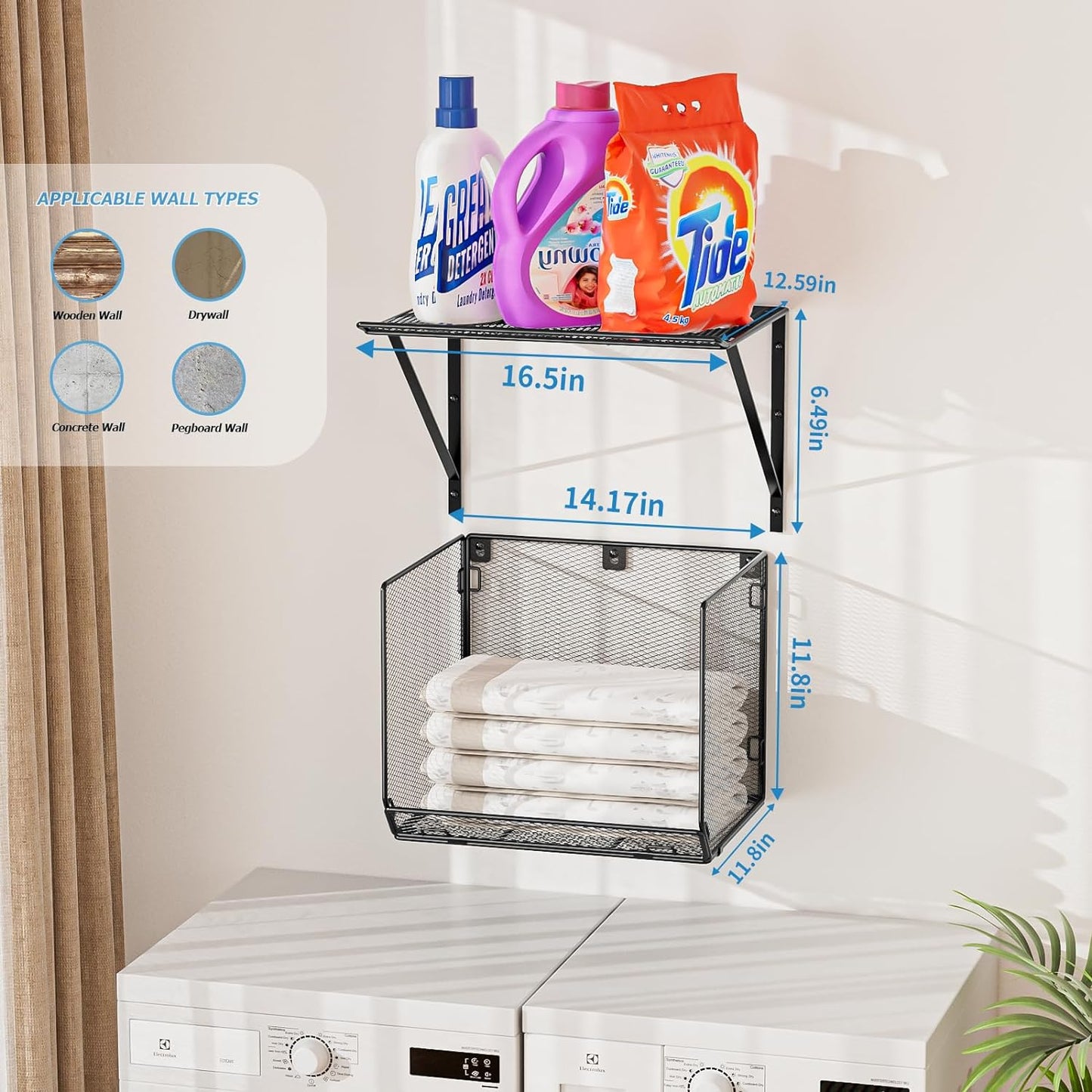 2 Pack Laundry Room Shelves Organization And Storage,Wall Mounted Clothes Drying Rack With Wire Mesh Basket Over Washer And Dryer,Large Capacity Floating Wall Shelf For Bathroom,Kitchen,Storeroom