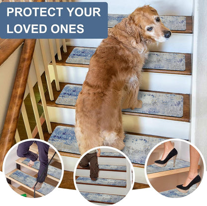 Tiveney Stair Treads Non Slip for Wooden Steps, 15PCS 8"x30" Grey Rubber Backing Stair Runner Mats, Washable Reusable Carpet for Stairs Rugs Indoor Safety Staircase Step Treads for Kids Elders Dogs