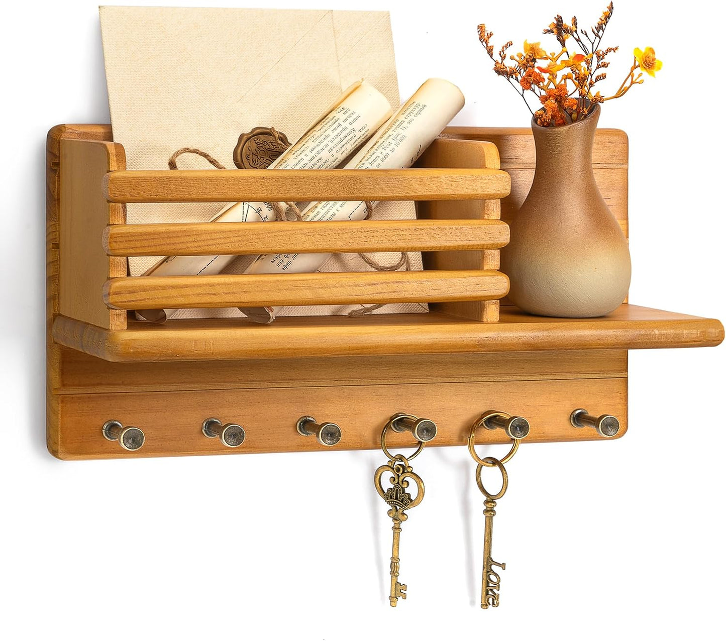 Rebee Vision Pine Wood Key Holder Wall Mount for Room Decor– 6 Hooks for Umbrella & Hats - Wooden Key Holder for Wall with Mail Slot Can Store Letters and Postcard (Green)