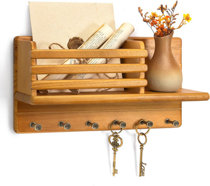 Rebee Vision Pine Wood Key Holder Wall Mount for Room Decor– 6 Hooks for Umbrella & Hats - Wooden Key Holder for Wall with Mail Slot Can Store Letters and Postcard (Green)