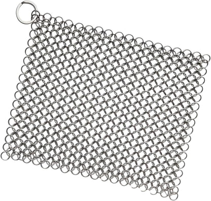 8"x6" Cast Iron Scrubber Stainless Steel Chainmail Cleaner for Pre-Seasoned Pans, Griddles, BBQ Grill and Pot Cookware Cleaning