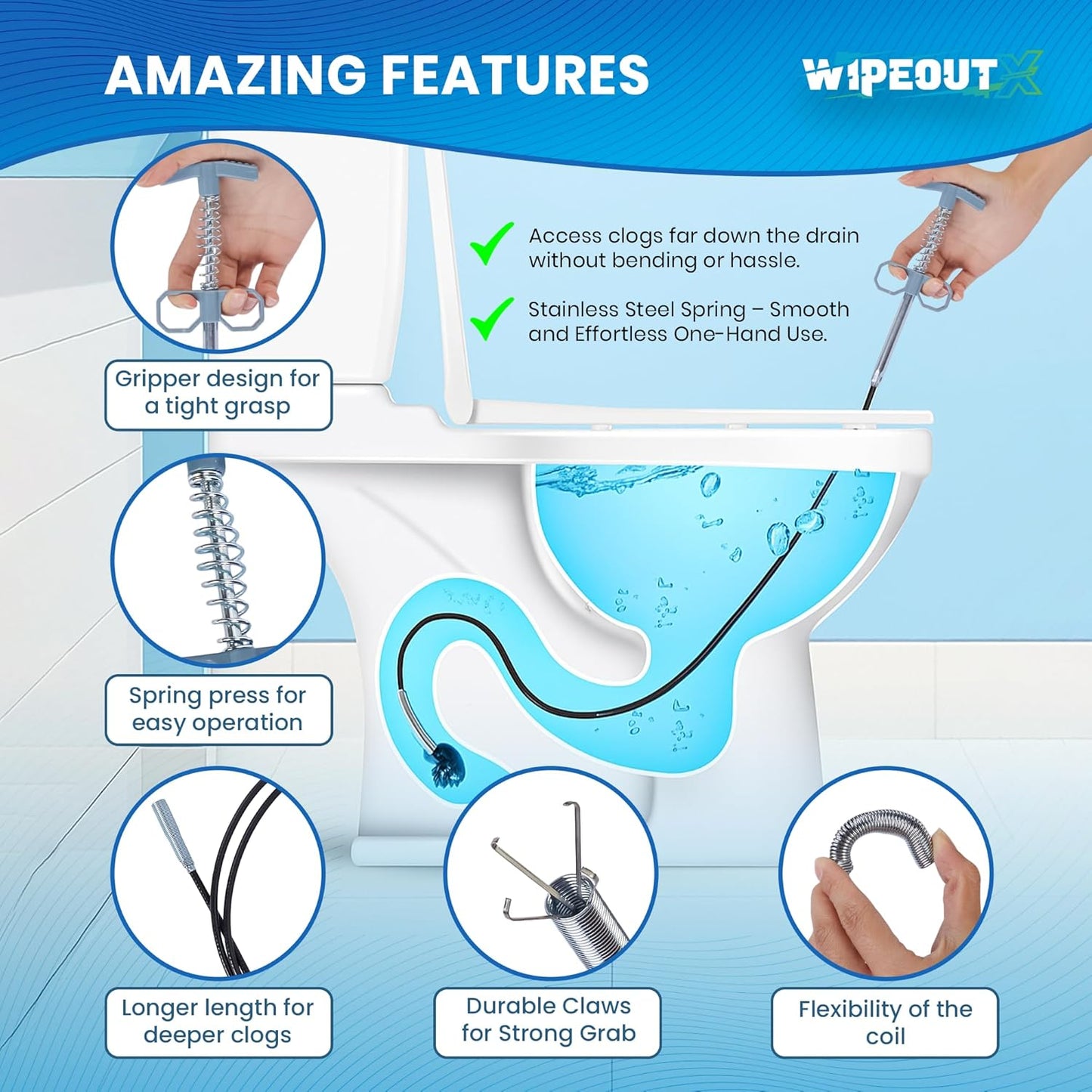 Drain Snake, 79 Inch Drain Clog Remover Tool with pair of Reusable Gloves – Flexible Grabber Claw Hair Drain Cleaner for Sink, Shower, Tub, Toilet, Bathroom & Kitchen Pipes