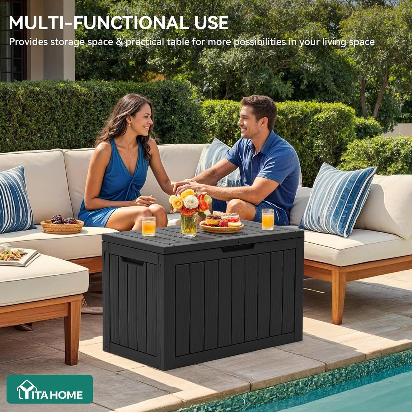 YITAHOME 31 Gallon Outdoor Storage Box | Resin Deck Box and Waterproof Package Delivery Box for Gardening Tools, Pool Supplies, Patio Furniture, Lockable, Taupe
