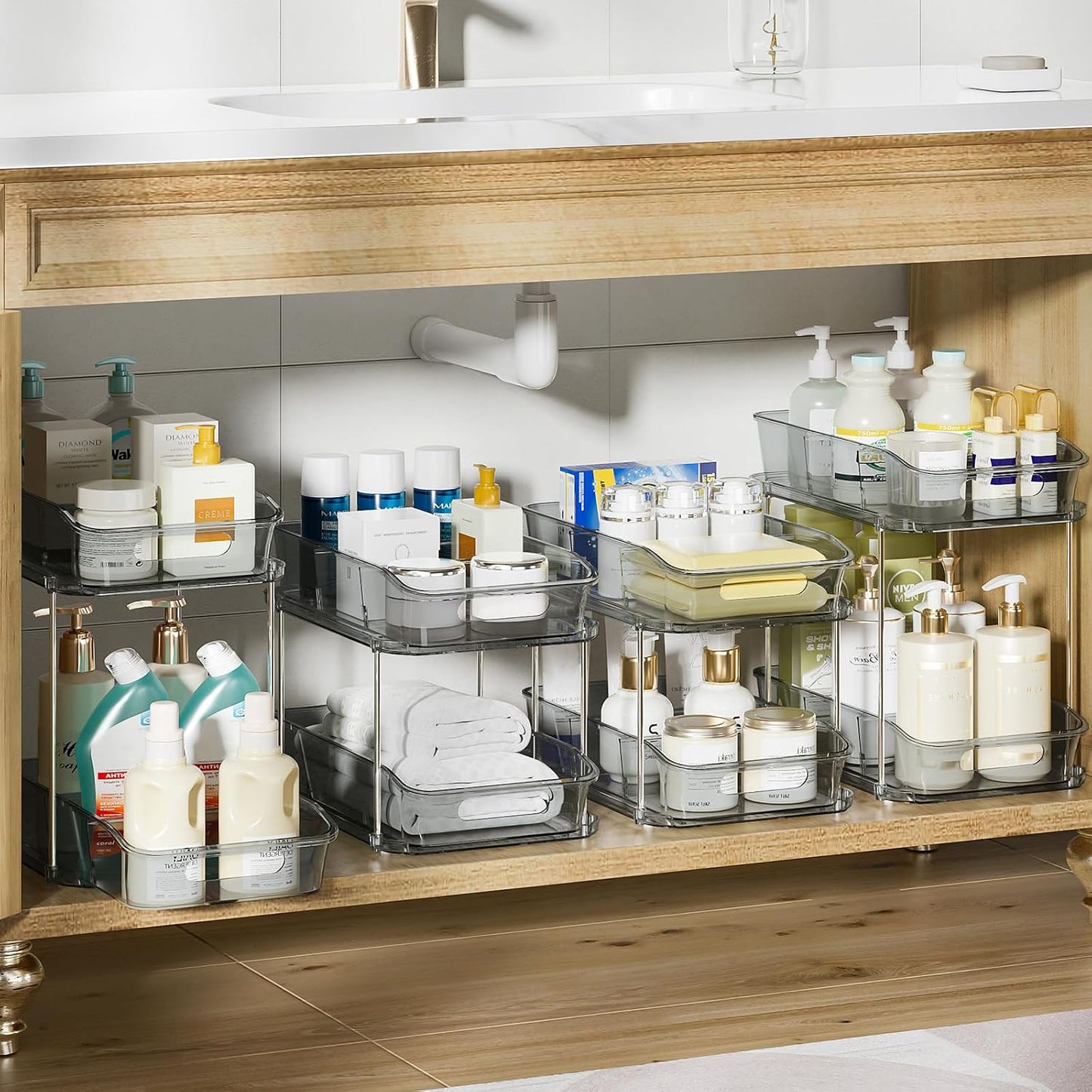 Delamu 2-Tier Under Sink Organizers and Storage, Multi-Purpose Stackable Bathroom Cabinet organizers, Pull Out Kitchen Pantry Organization and Storage with Dividers(2 Pack, Clear)