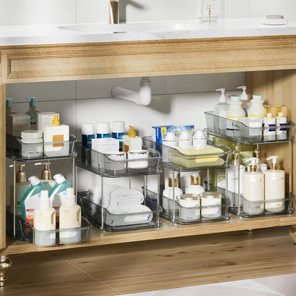 Delamu 2-Tier Under Sink Organizers and Storage, Multi-Purpose Stackable Bathroom Cabinet organizers, Pull Out Kitchen Pantry Organization and Storage with Dividers(2 Pack, Clear)