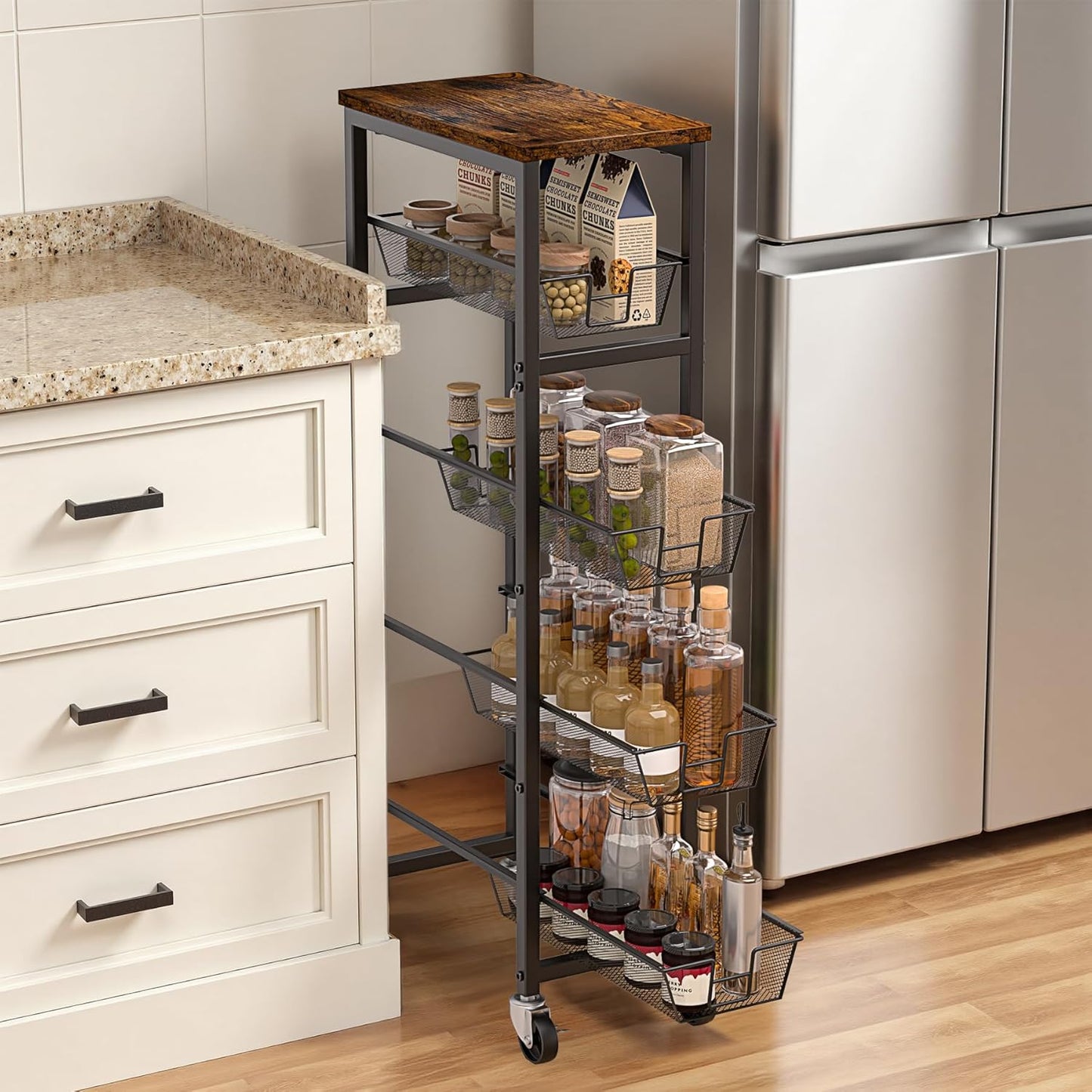 Honest Slim Storage Cart 4-Tier Slim Rolling Cart with Metal Frame and Wooden Top, 6.3 Inches, Storage Cart for Kitchen, Dining Room, Living Room, Bathroom, Home Office, Rustic Brown and Black