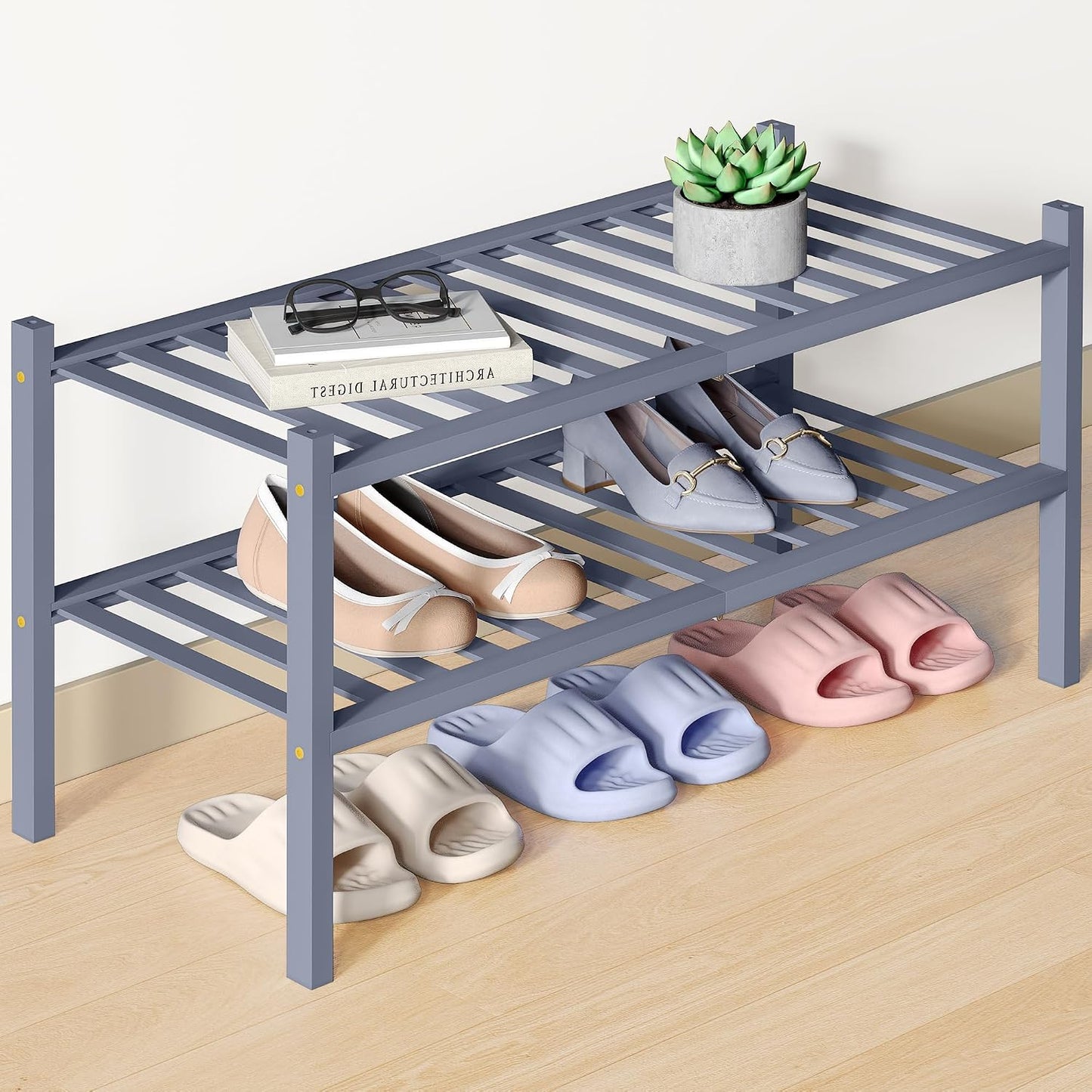 Smiry Bamboo Shoe Rack for Closet, 3 Tier Wooden Shoe Organizer, Stackable Wood Shoe Storage Shelf for Entryway, 14 Vertical Slats, One-piece Heavy-Duty Legs, 26.77"x11.02"x18.31", Natural