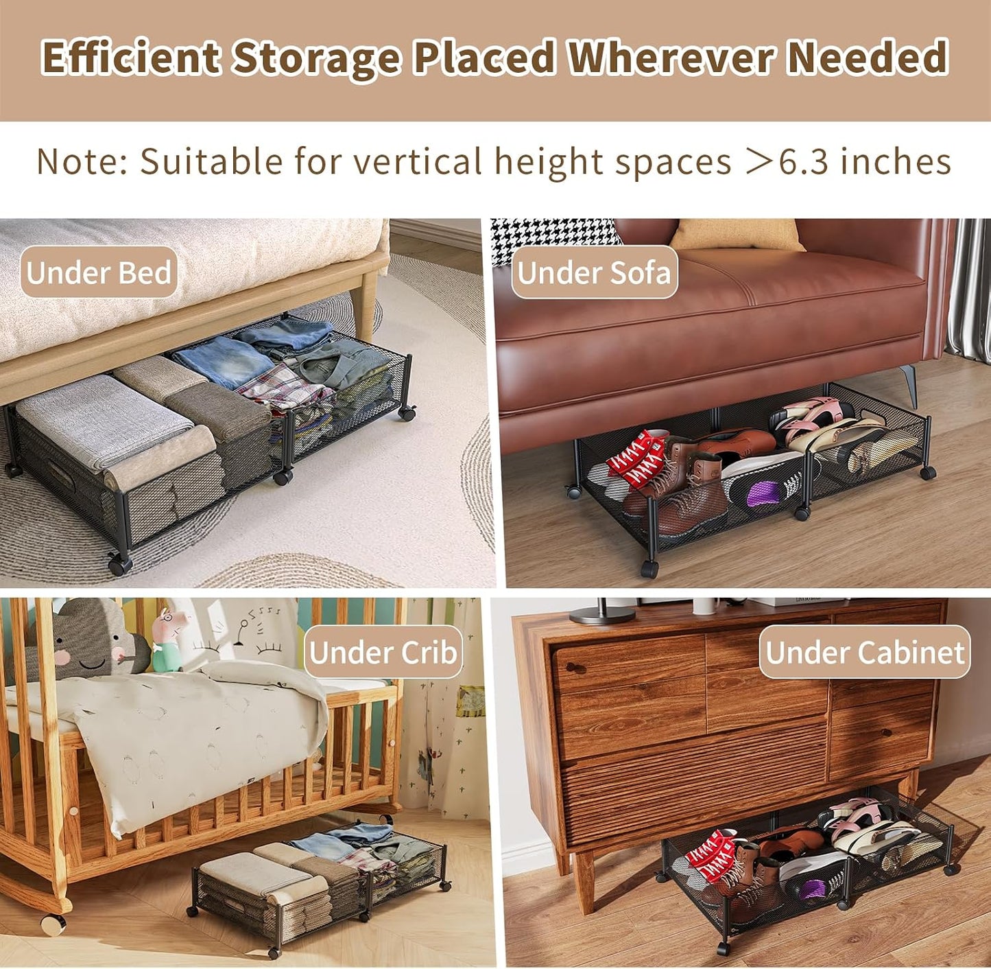 47.2'' Long Under Bed Storage on Wheels, 57.6L Large Capacity Rolling Under the Bed Storage Containers, Tool-Free Assembly Foldable Underbed Shoes Clothes Toy Drawers