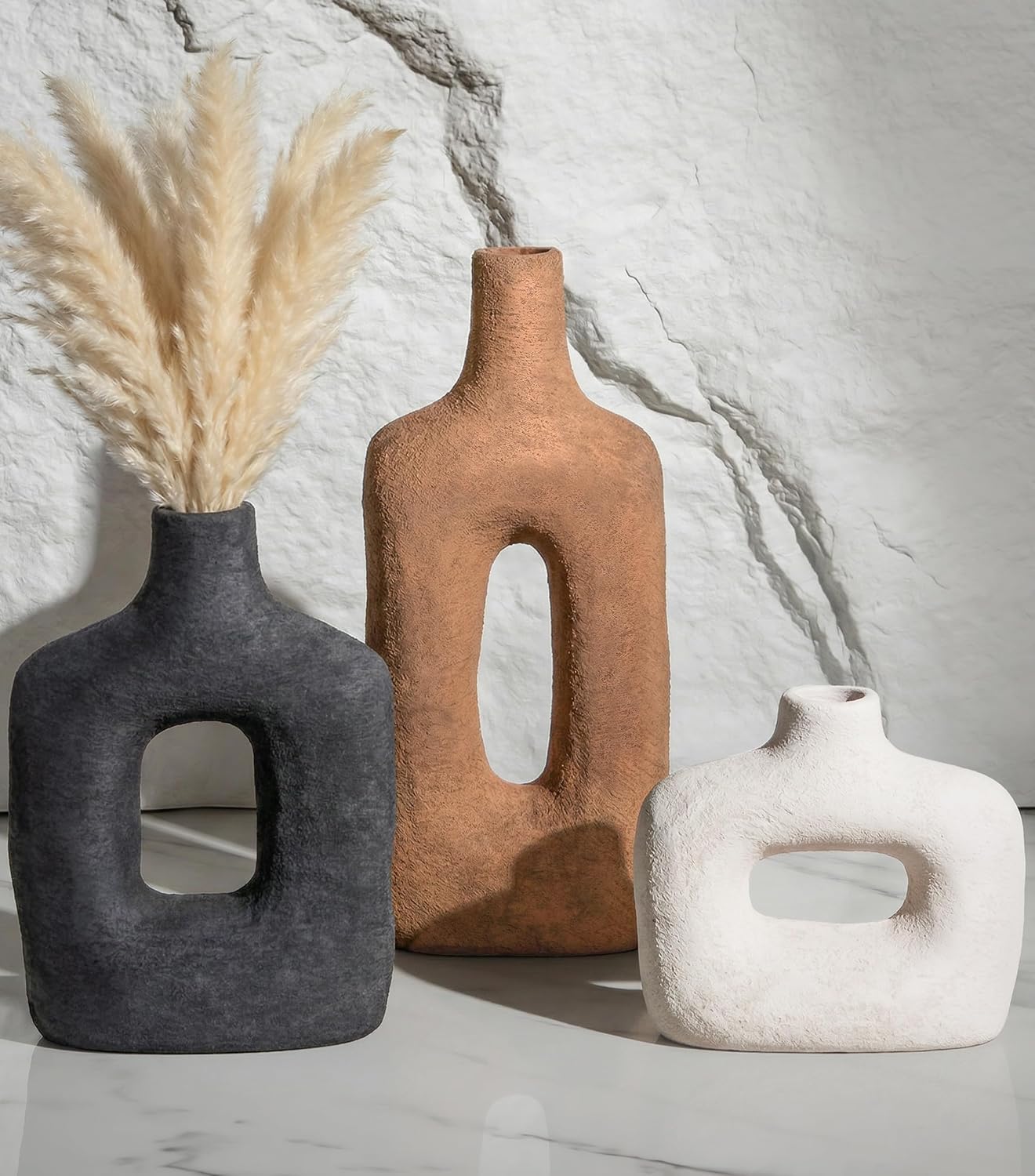 DREAMLOOM Ceramic Vase Set of 3, Modern Rustic Flower Vases for Pampas Grass, Dried & Fresh Flowers, Farmhouse Home Decor Vase for Living Room Bedroom Kitchen Shelf Centerpiece, Classic
