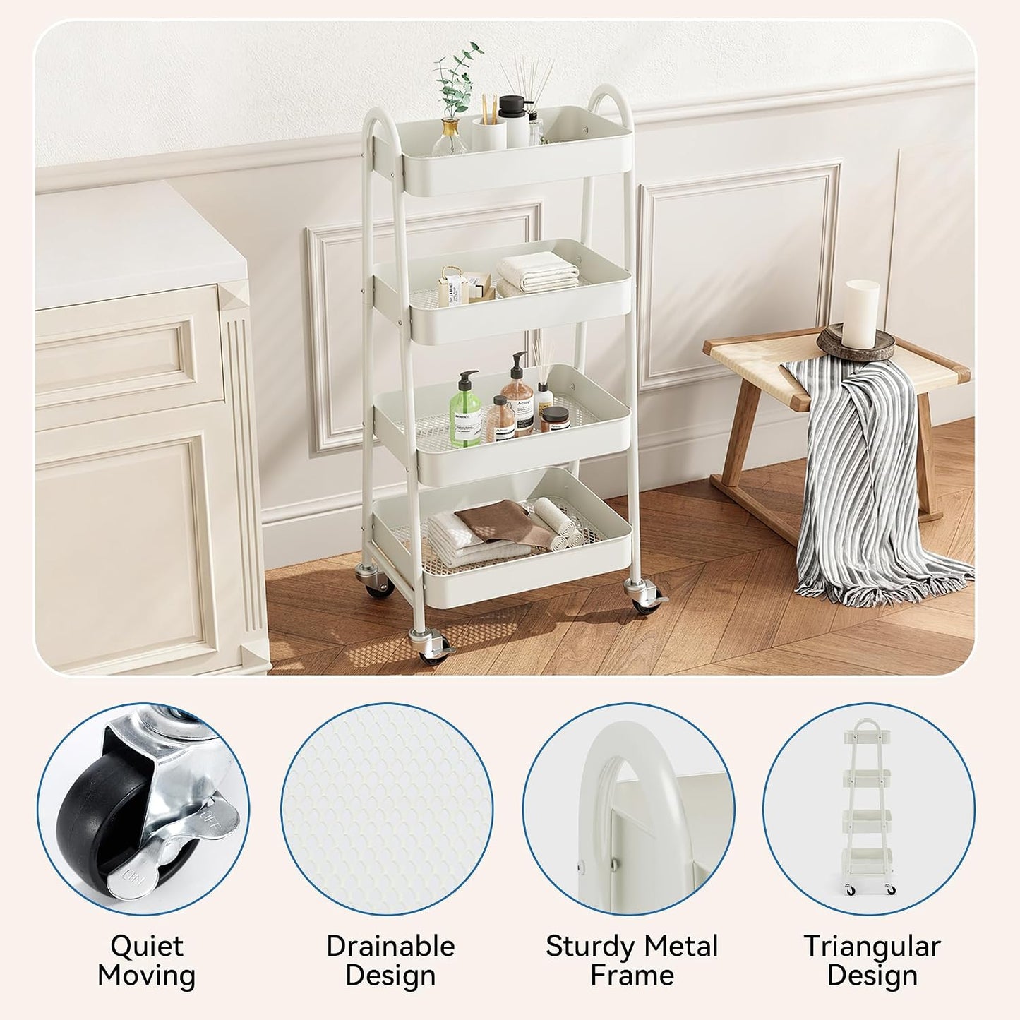 OLIXIS Metal 4 Tiers Utility Rolling Cart, Mobile Storage Shelf with Lockable Caster Wheels, Organization for Livingroom, Bathroom, Kitchen, & Narrow Places, 4-Tier Green
