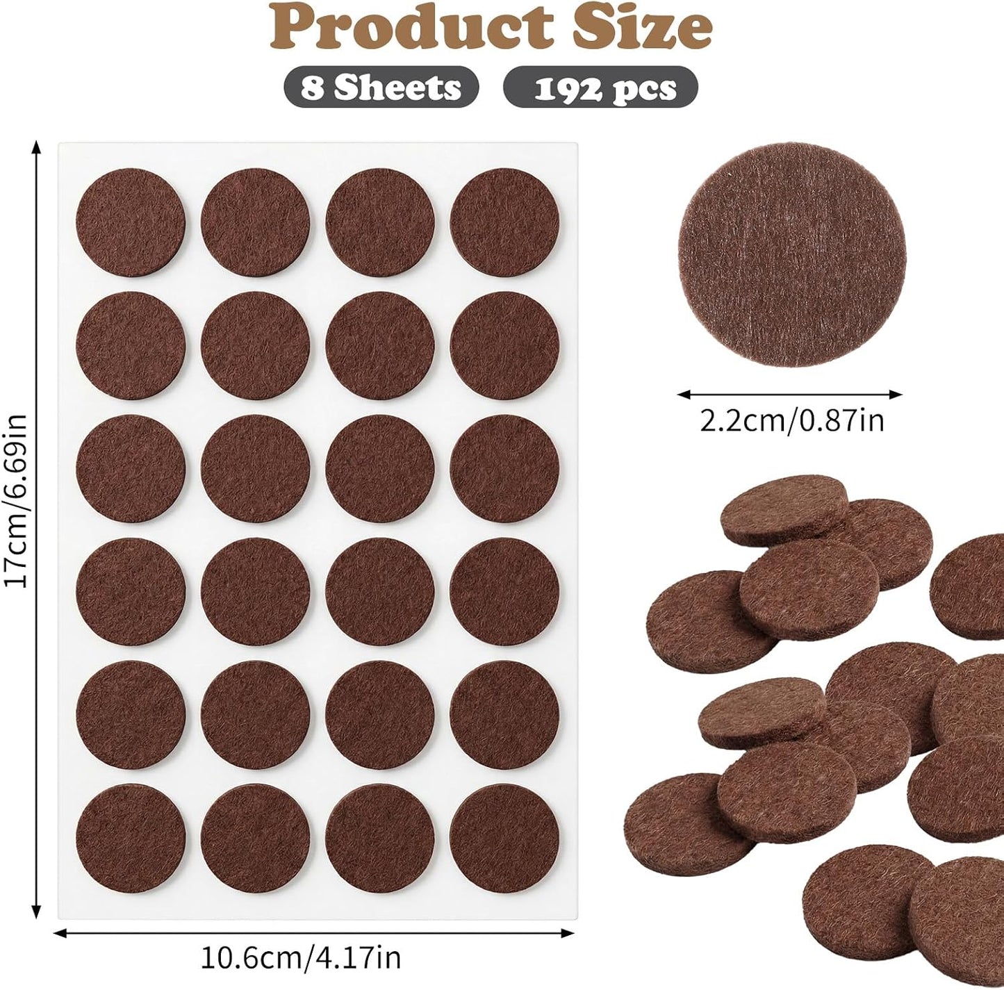 192 Pcs Brown Felt Chair Pads, 0.87in Diameter Self-Adhesive Round Felt Pads for Chair Legs for Furniture Kitchen Doors Floor Drawers Cupboards