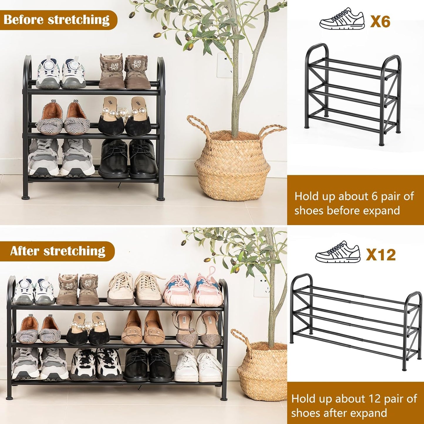 4-Tier Expandable Shoe Rack, Stackable and Adjustable Shoes Organizer Storage Shelf, Sturdy and Durable Metal Structure Free Standing Shoe Rack for Closet Entryway Doorway