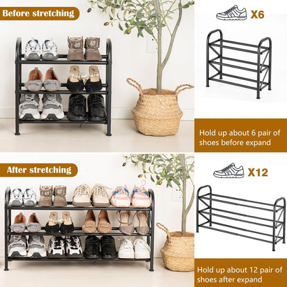 4-Tier Expandable Shoe Rack, Stackable and Adjustable Shoes Organizer Storage Shelf, Sturdy and Durable Metal Structure Free Standing Shoe Rack for Closet Entryway Doorway