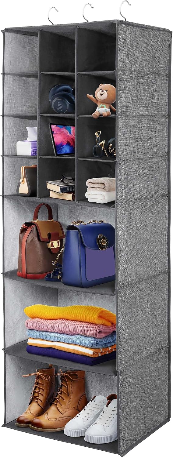 Libeder Shoe Organizer for Closet, 15 Shelf Hanging Closet Storage Shelves - 10 Shoe Rack Organizer and 5 Compartment for Clothes with 6 Side Mesh Pockets for Scarves Socks,Gloves, Grey