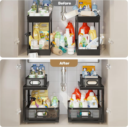 2 Pack 18.5IN-Depth Under Sink Organizer With Next-Gen Ball-Bearing Slides,2-Tier Precision Mesh Pull Out Cabinet Storage for Bathroom&Kitchen,Height Adjustable Drawers Shelf,Anti-rust-White
