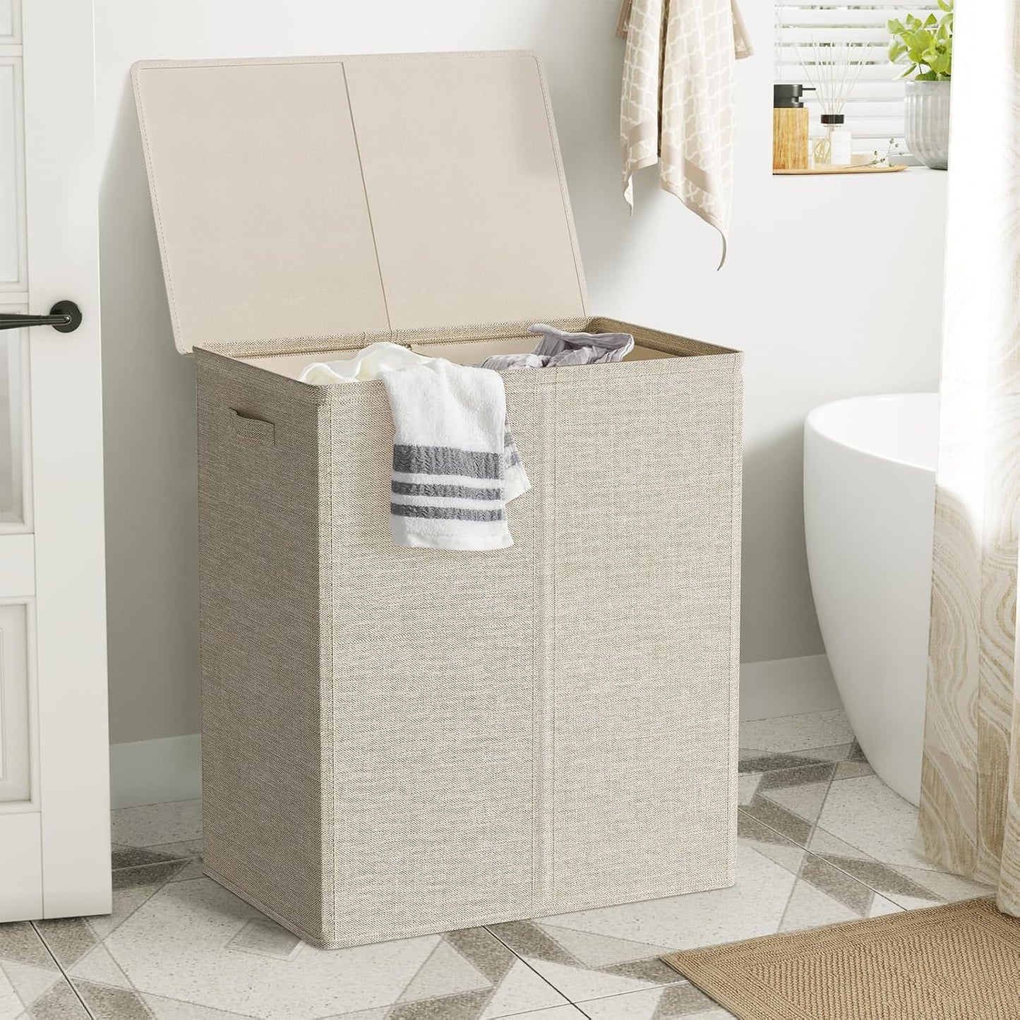 WOWLIVE 180L Laundry Hamper with Lid 3 Section,Large Laundry Basket with Removable Bags and Handles,Collapsible Dirty Clothes Hampers for Laundry,Laundry Basket Organizer for Laundry Room,Dorm,Beige