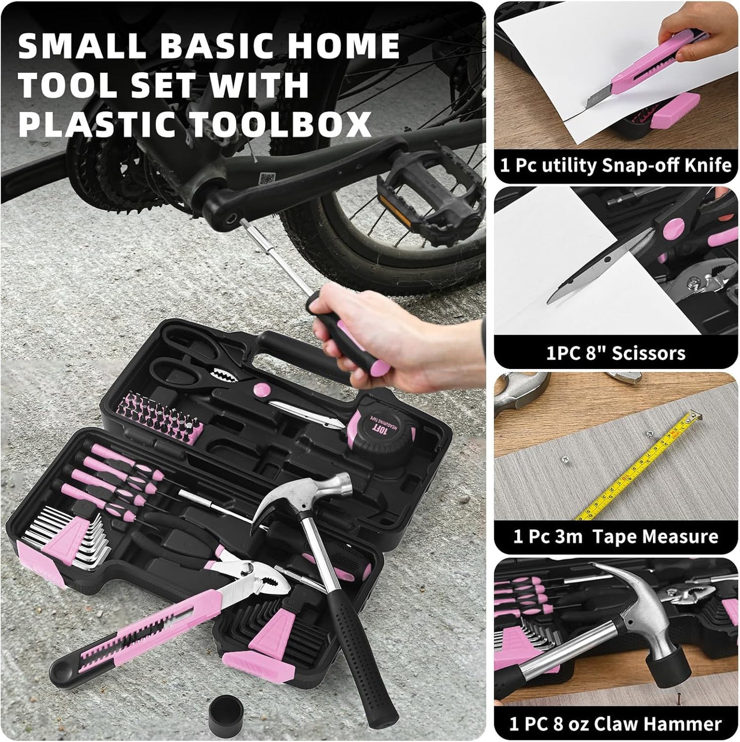 144-Piece General Household Hand Tool Kit with Plastic Toolbox Pink | Basic General Hand Tool Kit, Household Tool Set, for Home Repair, Office & College Dormitory Use, Daily Use for Women