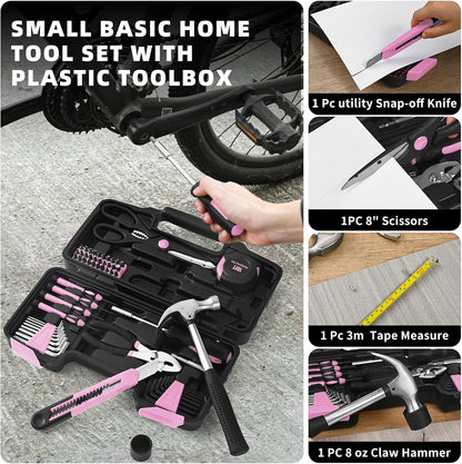 144-Piece General Household Hand Tool Kit with Plastic Toolbox Pink | Basic General Hand Tool Kit, Household Tool Set, for Home Repair, Office & College Dormitory Use, Daily Use for Women