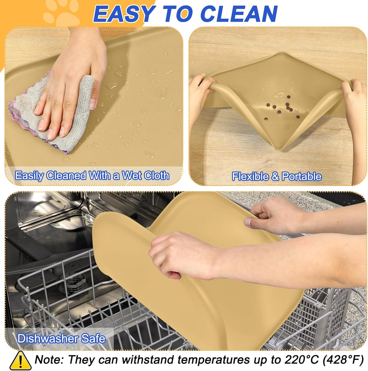 SMILOOL Silicone Pet Food Mat with Raised Edge for Food and Water Bowl, Dog Feeding Mats, Cat Food Trays for Floor Waterproof, Rubber Tray for Dogs and Cats, 19 x 12 x 0.7 Black