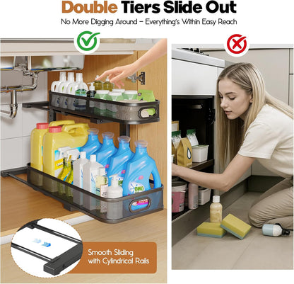 2 Pack Under Sink Organizer With Smooth Cylindrical Rail,2-Tier Pull Out Multi-Purpose Cabinet Storage for Bathroom&Kitchen,Height Adjustable,Rust-resistant Coating-White