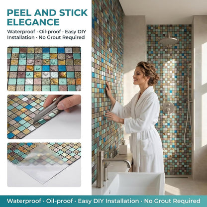10 Sheets Peel and Stick Backsplash, Waterproof Mosaic Tile Self-Adhesive - Easy Cut to Size for Kitchen, Bathroom, Fireplace DIY Installation (10, Green+Blue Brushed)