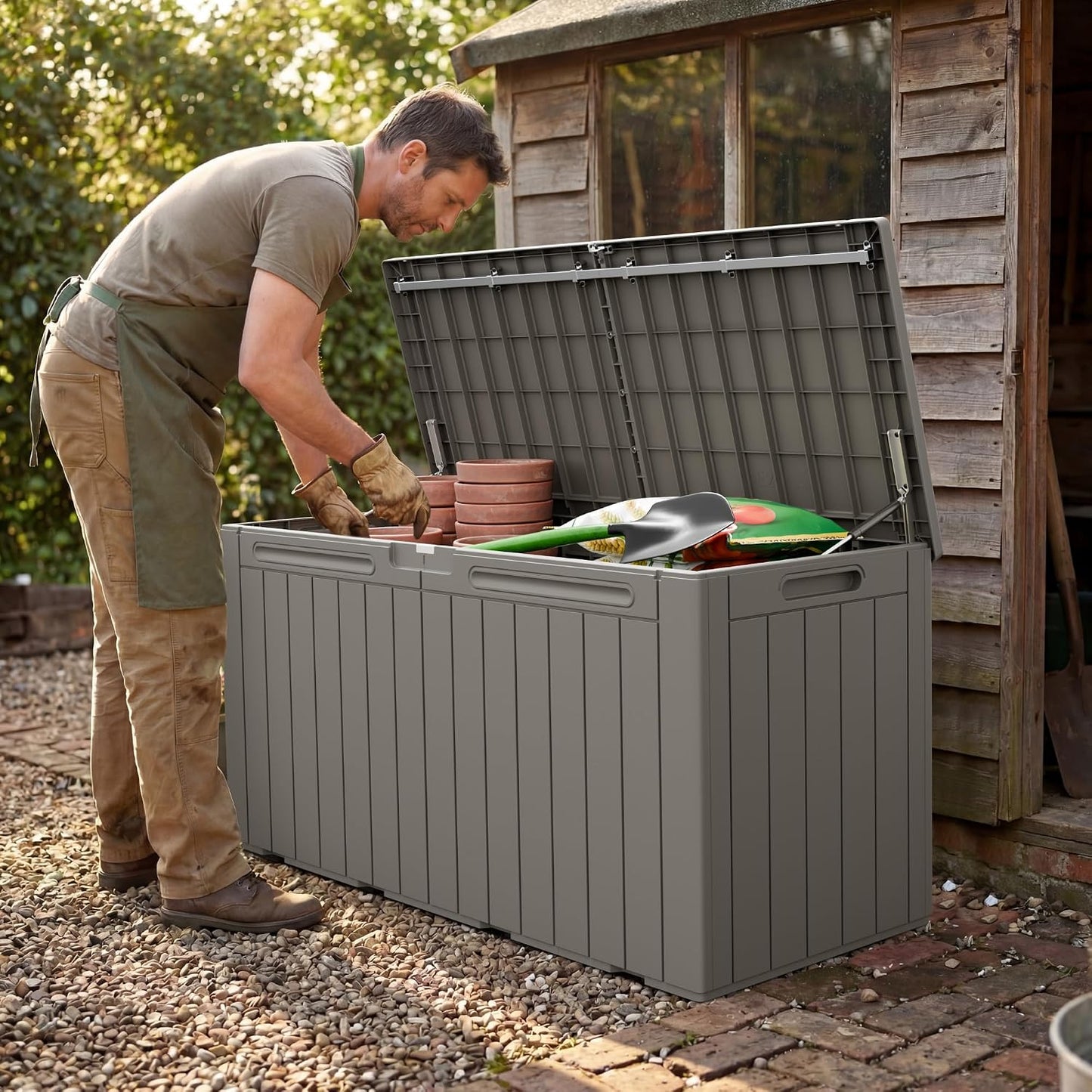 Greesum 110 Gallon Outdoor Storage Box with Lockable Lid, All-Weather for Patio Furniture, Pool Supplies & Garden Tools, Waterproof, UV-Resistant Large Deck Box, Dark Black