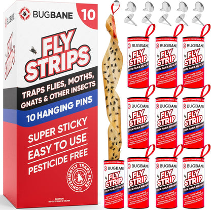 Fly Strips Indoor Sticky Hanging 10pk with Pins. Non Toxic Outdoor Fly Trap Indoor for Home. Flies Tape Paper Trap Ribbon Roll for House Gnat Fruit and Housefly. Bug Catchers for Inside Home Flypaper.