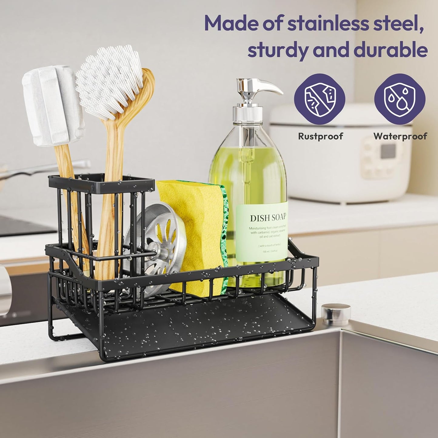 SWTYMIKI Sink Caddy Sponge Holder - Kitchen Sink Organizer with High Brush Holder for Countertop to Hold Dish Soaps and Sponges, Stainless Steel, Black