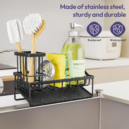 SWTYMIKI Sink Caddy Sponge Holder - Kitchen Sink Organizer with High Brush Holder for Countertop to Hold Dish Soaps and Sponges, Stainless Steel, Black