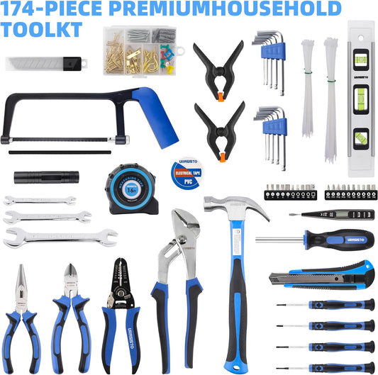 URASISTO 174-Piece Premium Tool Kit, Household Repairing Tool Set with 14 Inch Large Mouth Open Storage Tool Bag