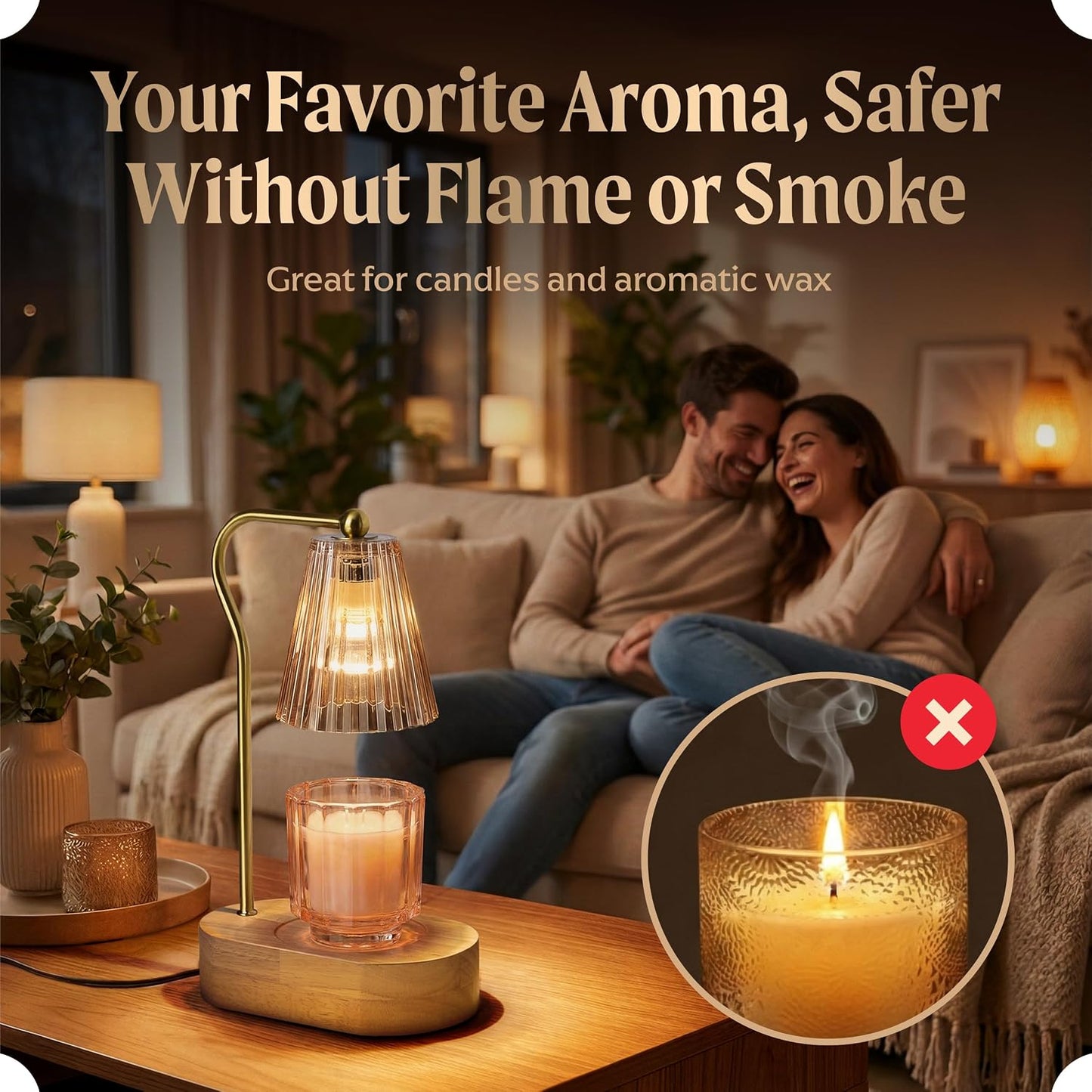 Candle Warmer Lamp with Timer & Dimmer, Natural Wooden Base with Drawer, Gold-Tone Metal Stand, Extra Bulb Included, Candle Warming Lamp, Electric Candle Wax Warmer