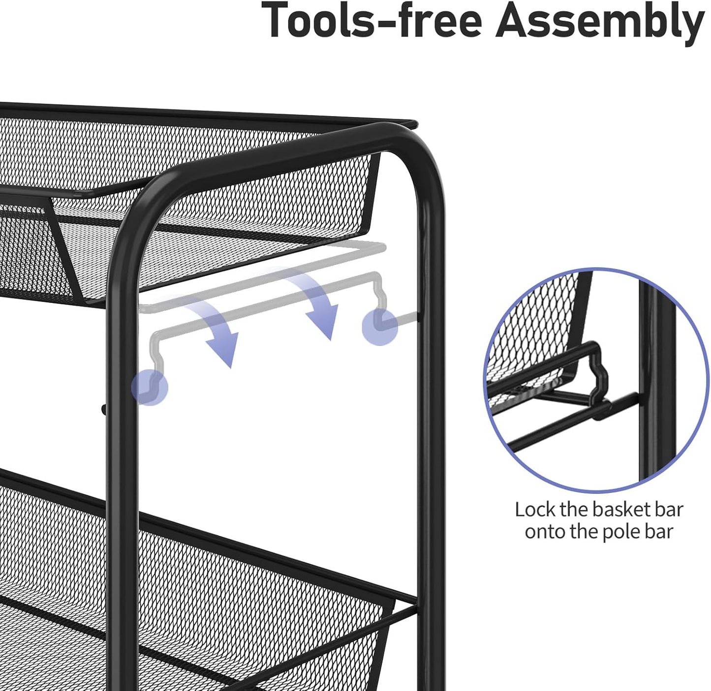 TOOLF 3-Tier Metal Rolling Cart, Mesh Wire Easy Assemble Utility Cart, Storage Trolley on Wheels with 3 Hooks, MetalStorage Shelving Units for Kitchen Bathroom Laundry Room