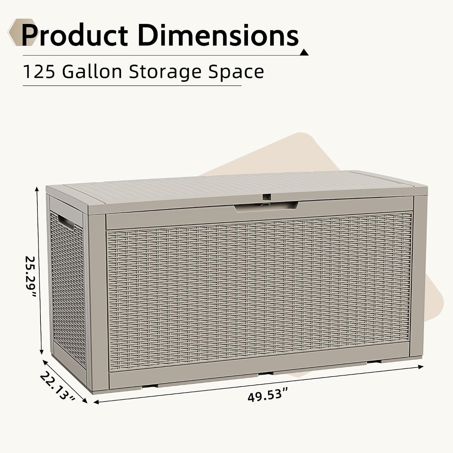 125Gal Outdoor Storage Box, Lockable Deck Box with Hydraulic Lid | Waterproof UV-resistant, Durable outdoor bin for patio cushions, pool accessories & garden tools. Keeps contents secure & dry