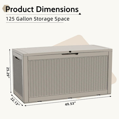 125Gal Outdoor Storage Box, Lockable Deck Box with Hydraulic Lid | Waterproof UV-resistant, Durable outdoor bin for patio cushions, pool accessories & garden tools. Keeps contents secure & dry