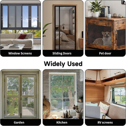 Window Screen Door Repair/Replacement Kit,48" x178" Adjustable Durable Fiberglass Window Screen Mesh,with Spline/Roller/Hook/Clips Screen Door Repair Kit,DIY Window,Porch Sliding Door(Black)