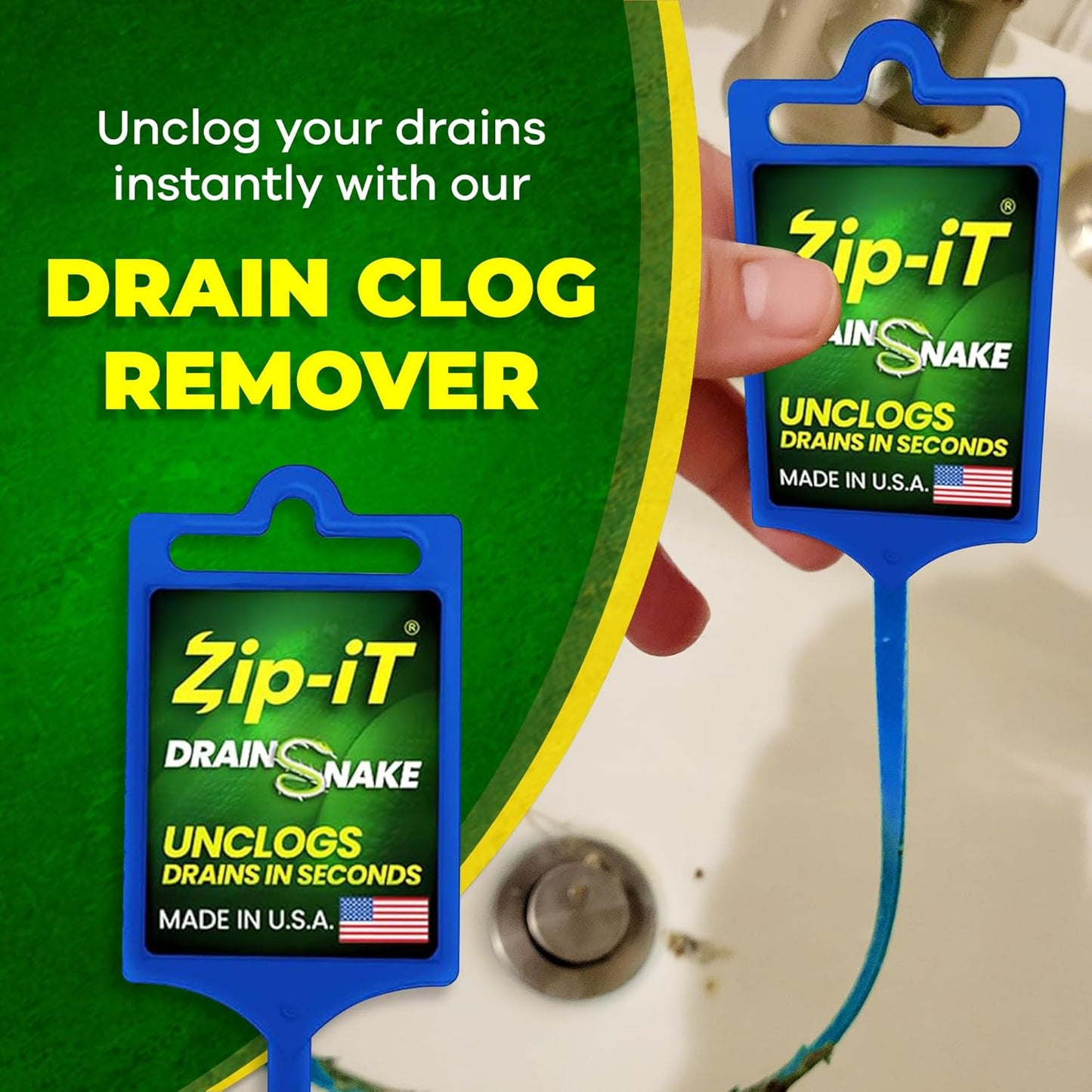 Zip-it Hair Drain Clog Remover, 25-inch Unclogger Tool for Shower, Tub & Sink In Seconds, Reusable, Flexible, Non-toxic Drain Snake, Green White Blue (3-pack)