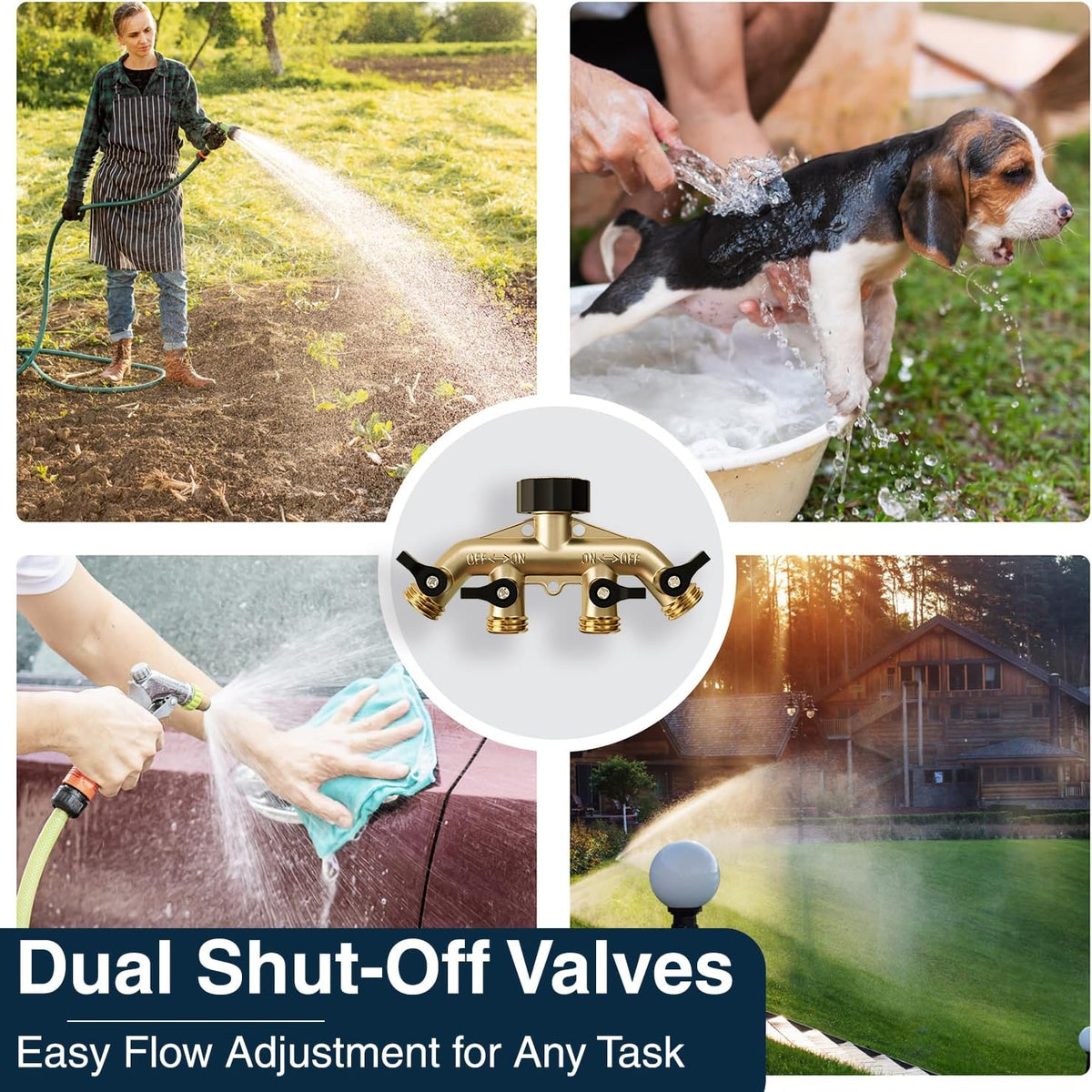 DBR Tech® Heavy Duty 2 Way Hose Splitter (Premium Brass for Superior Durability), Wye Garden Hoses Connector for Water Spigot Faucet Bib Tap, Double Shut Off Valve, Y Adapter, Rust-Resistant Finish
