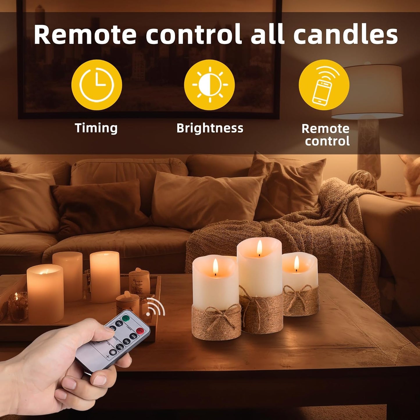 AKU TONPA Flameless Candles Battery Operated Pillar Real Wax Flickering Electric LED Candle Gift Sets with Remote Control Cycling 24 Hours Timer, Pack of 6 (3" D x 4" H, Ivory)