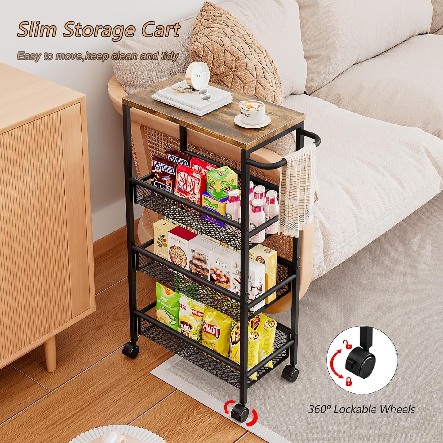 AZERPIAN Slim Rolling Cart 4 Tier Narrow Storage Cart on Wheels with MDF Board Top and Metal Handle for Small Space Kitchen Living Room Home Office Pantry Bathroom Laundry Room(16.54×5.12×30.31 inch)