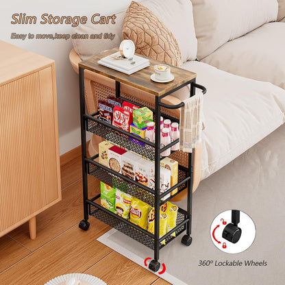 AZERPIAN Slim Rolling Cart 4 Tier Narrow Storage Cart on Wheels with MDF Board Top and Metal Handle for Small Space Kitchen Living Room Home Office Pantry Bathroom Laundry Room(16.54×5.12×30.31 inch)