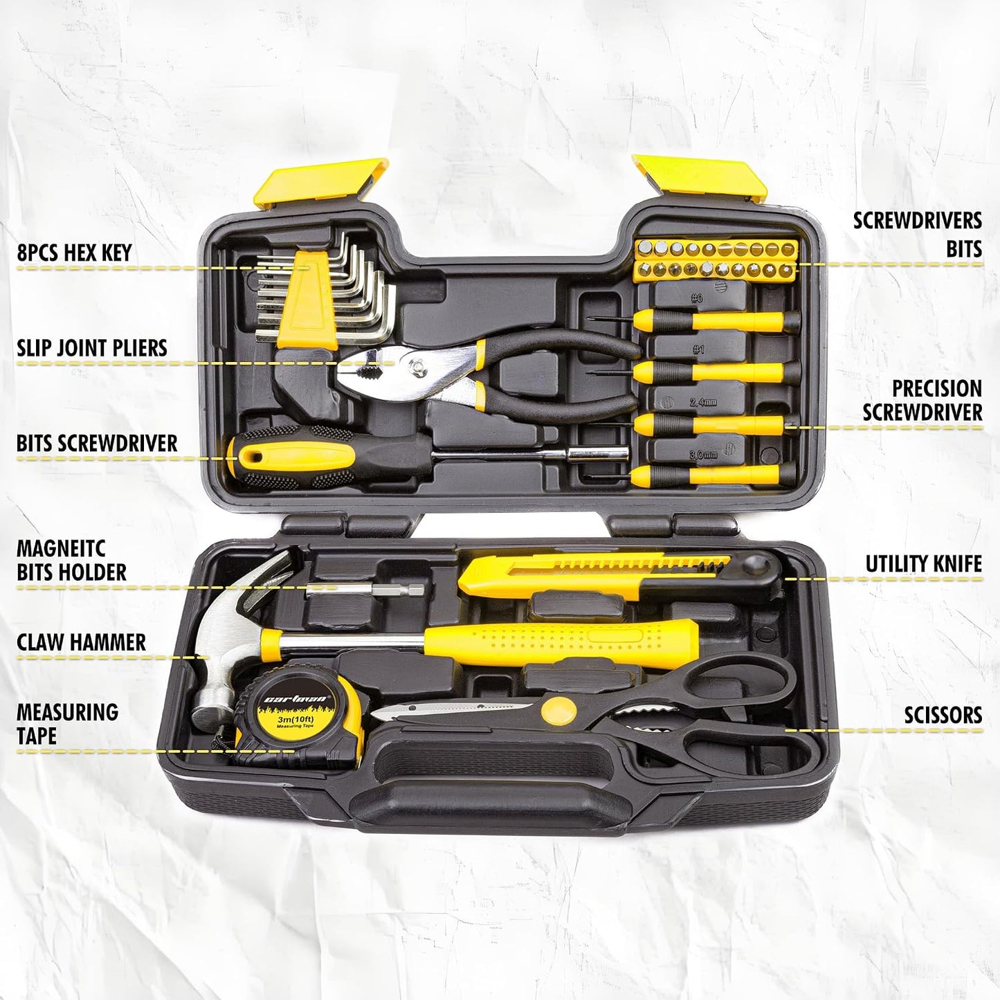CARTMAN 39-Piece Household Tool Set, Orange Hand Kit With Storage Case | Complete assortment for home repairs, DIY projects, furniture setup, crafting, and daily household fixes in toolbox.