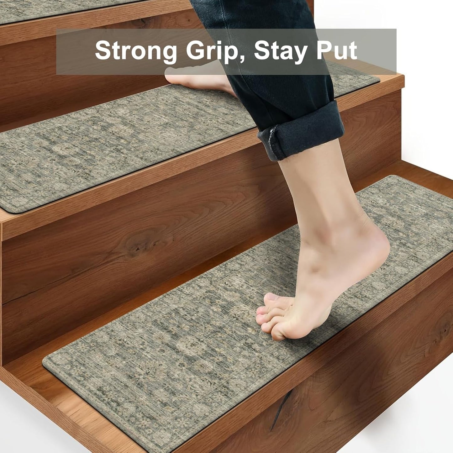 OJIA Extra Non-Slip Stair Treads for Wooden Steps 15PCS, 30"X8" Rubber Indoor Stair Runner Slip Resistant Stair Rugs Safety Mats for Dogs, Kids & Elders, Stairway Grip Step Treads, Gray