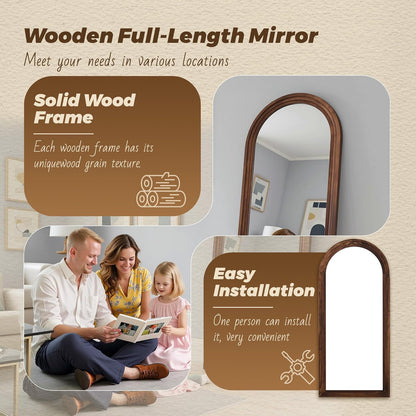 Antok Full Length Mirror with Solid Wood Frame, 71"×32" Wall Mounted Oversized Floor Mirror with Stand, Leaning Standing Hanging for Bedroom Living Room Entryway, Walnut, Arched Syle