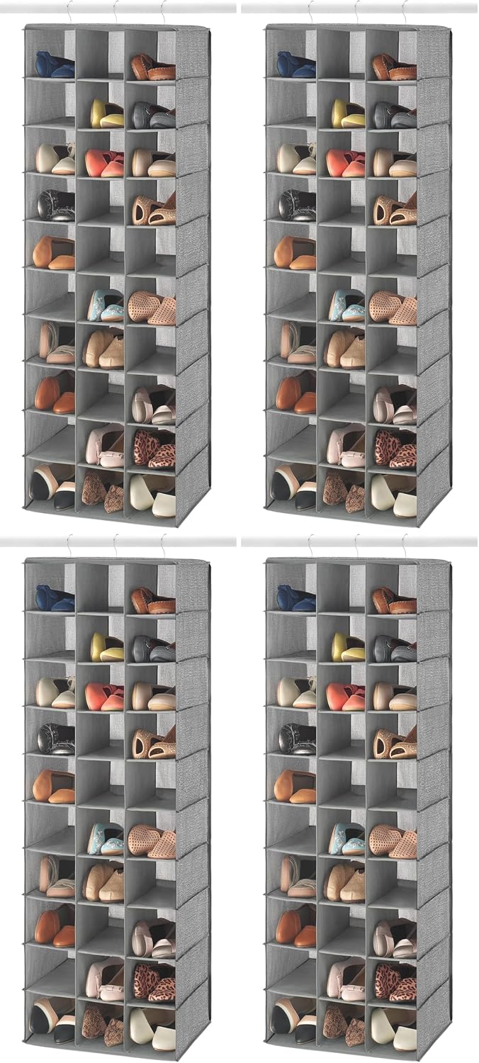 Whitmor 30 Sections Hanging Clothes Closet Shoe Organizer, Space Saving Breathable Fabric Shoe Storage for Bedroom, Laundry, Dorm, Crosshatch Gray