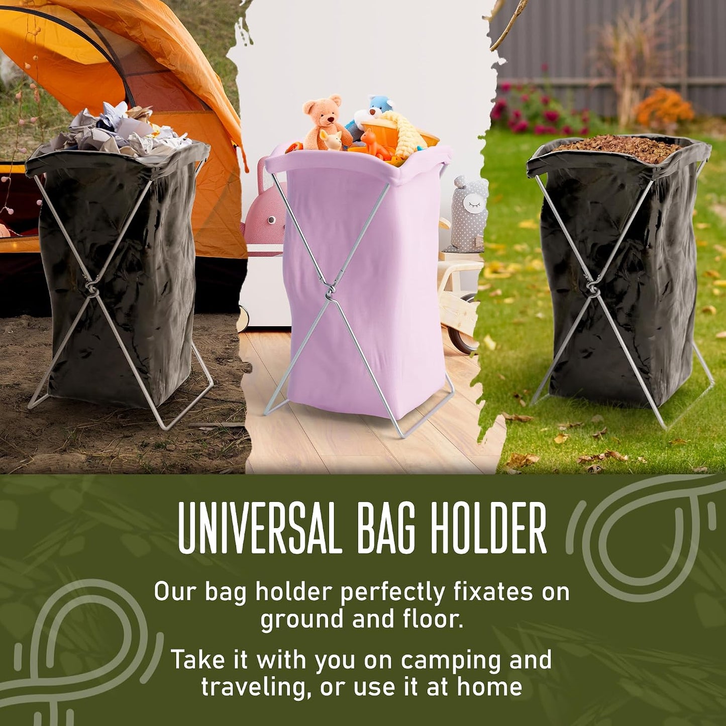APQ Supply Outdoor Trash Bag Holder for Plastic Bags, 18 x 14 x 32 Inches. Portable Garbage Bag Holder. Folding Wire Holders for Lawn. Collapsible X-Frame Stand Bags for Garden, Laundry, Yard
