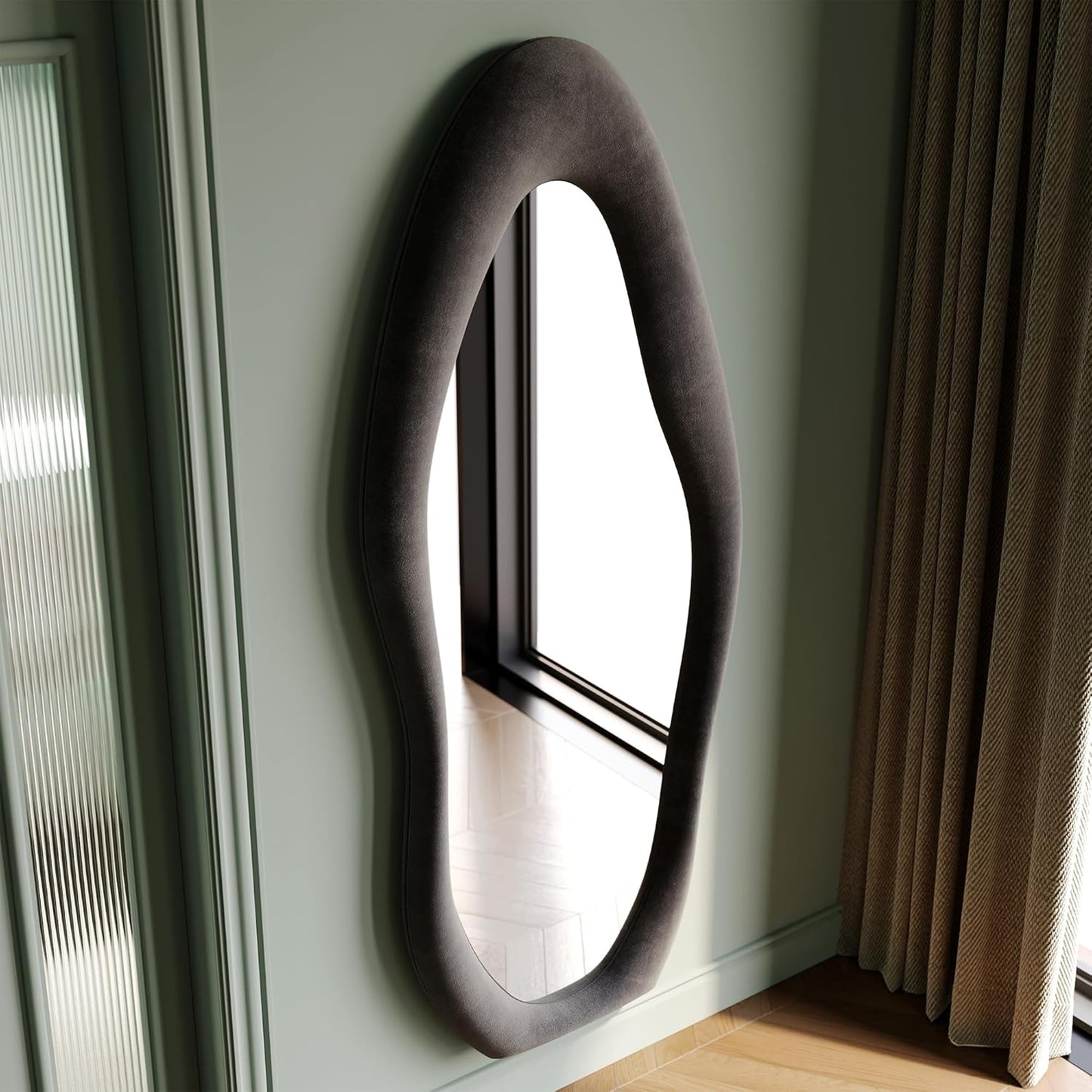 Honyee Full Length Mirror, 63" x 24" Wall Mirror, Flannel Wrapped Wooden Frame Floor Mirror, Irregular Wavy Mirror Hanging or Leaning Against Wall for Cloakroom/Bedroom/Living Room, Milk Tea