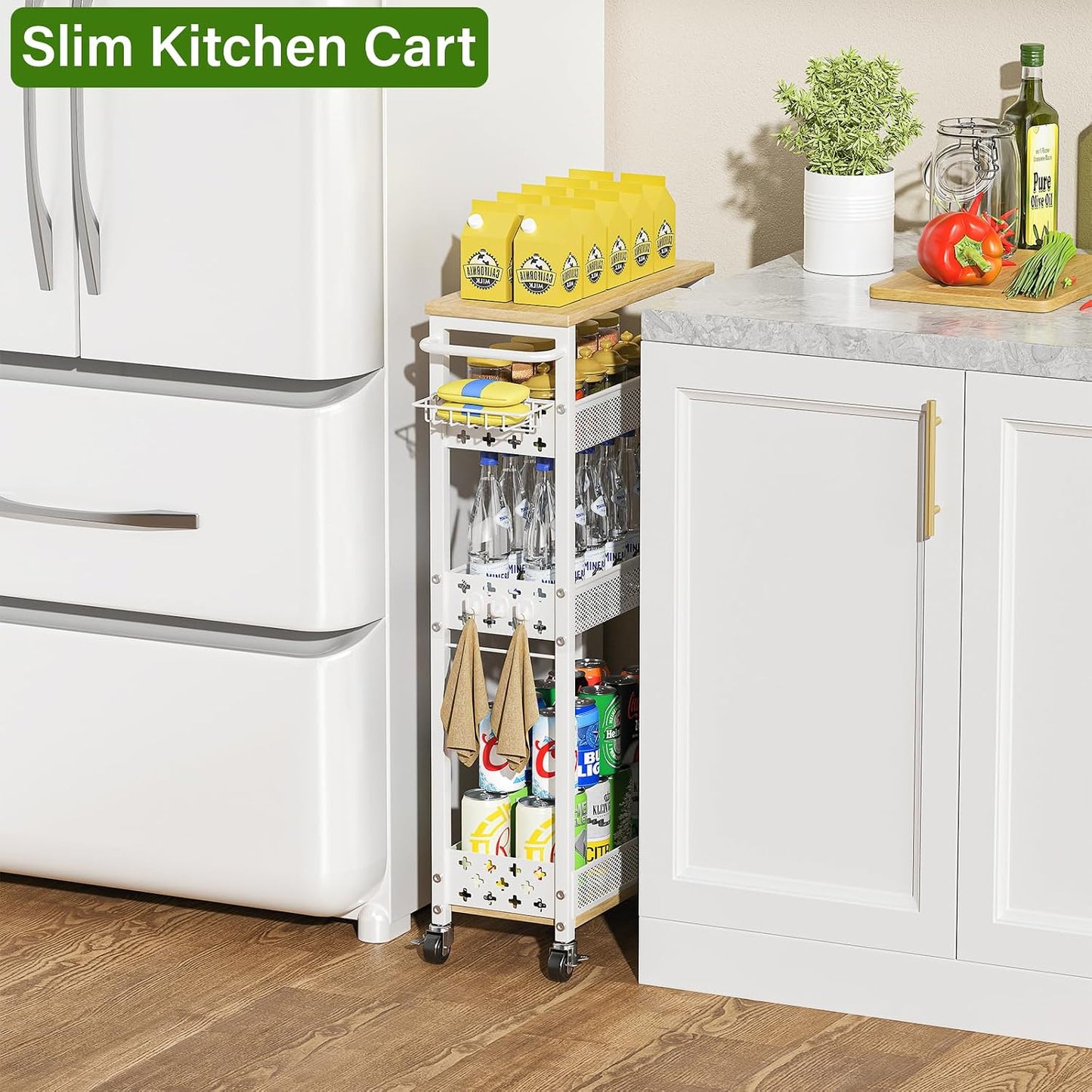 Utility Slim Storage Cart for Home Laundry Room, Bathroom, Kitchen | 4-Tier narrow rolling cart for small space, Holds tall bottles, Upgraded metal hub casters, Premium wood & metal mesh shelves